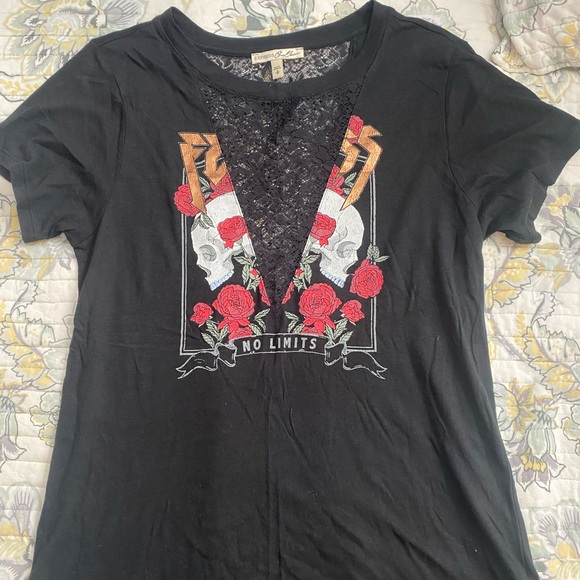 Express Brand New black graphic short sleeve tee with lace deep V insert. Size S - Picture 2 of 5